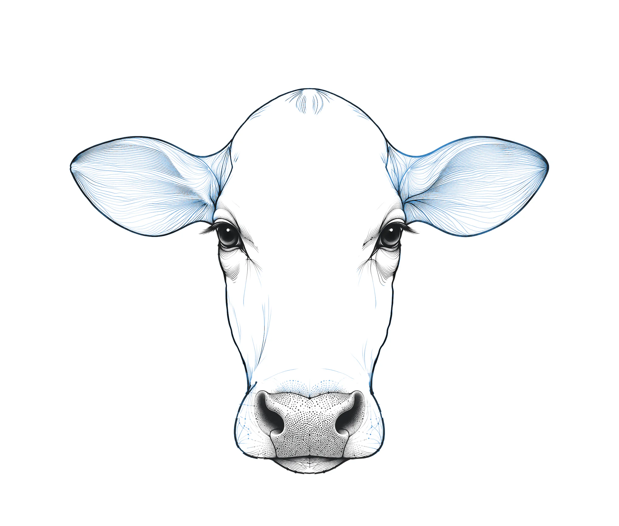 Cabeza de vaca dibujada en línea, rodeada por seis íconos de las áreas del tambo: leche, sanidad, reproducción, alimentación, finanzas y planillas. Venas de datos los unen con el isotipo de Compasbeat, una flor azul en la frente de la vaca.